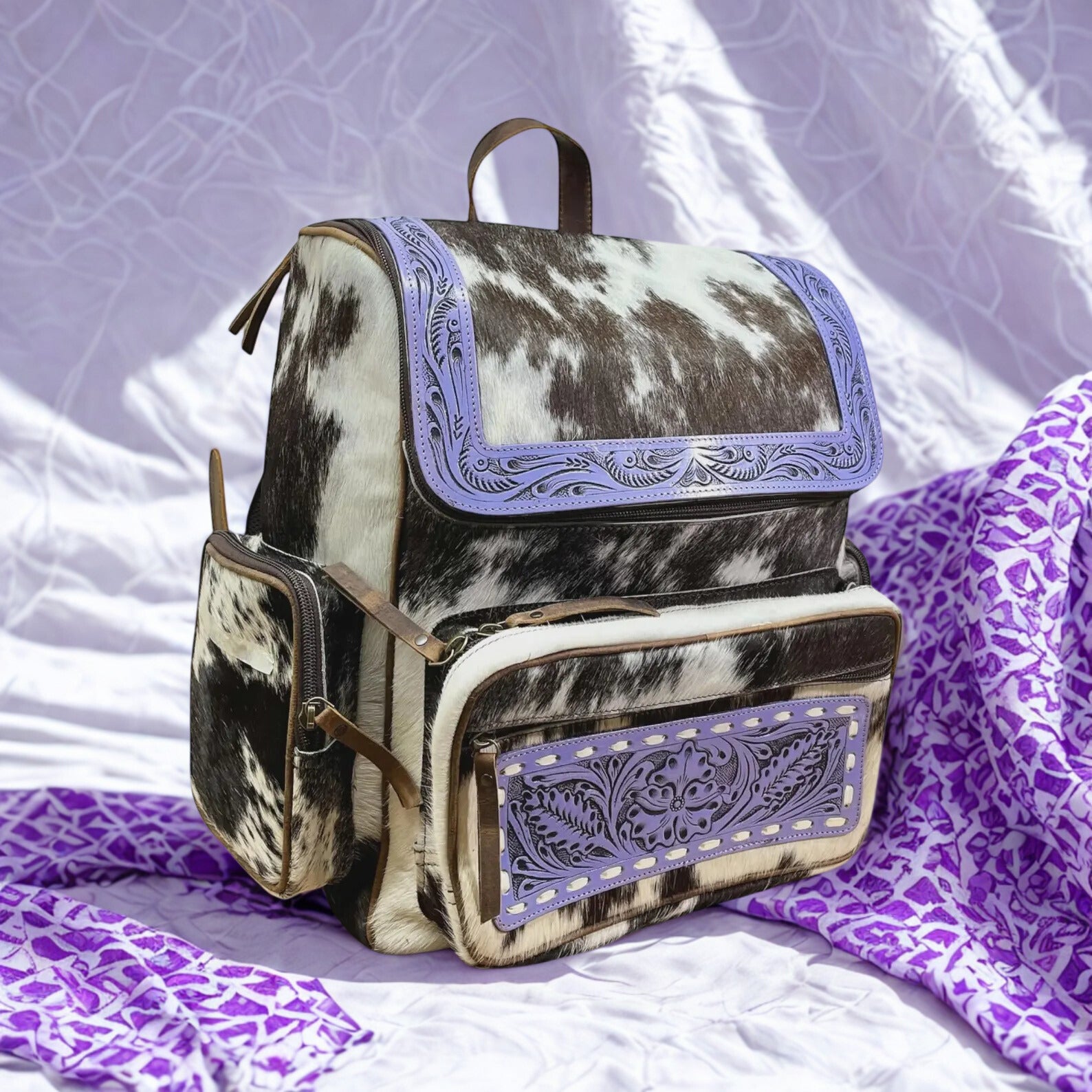Purple tooled leather & hair on cowhide backpack - Western Style Hair on Bag